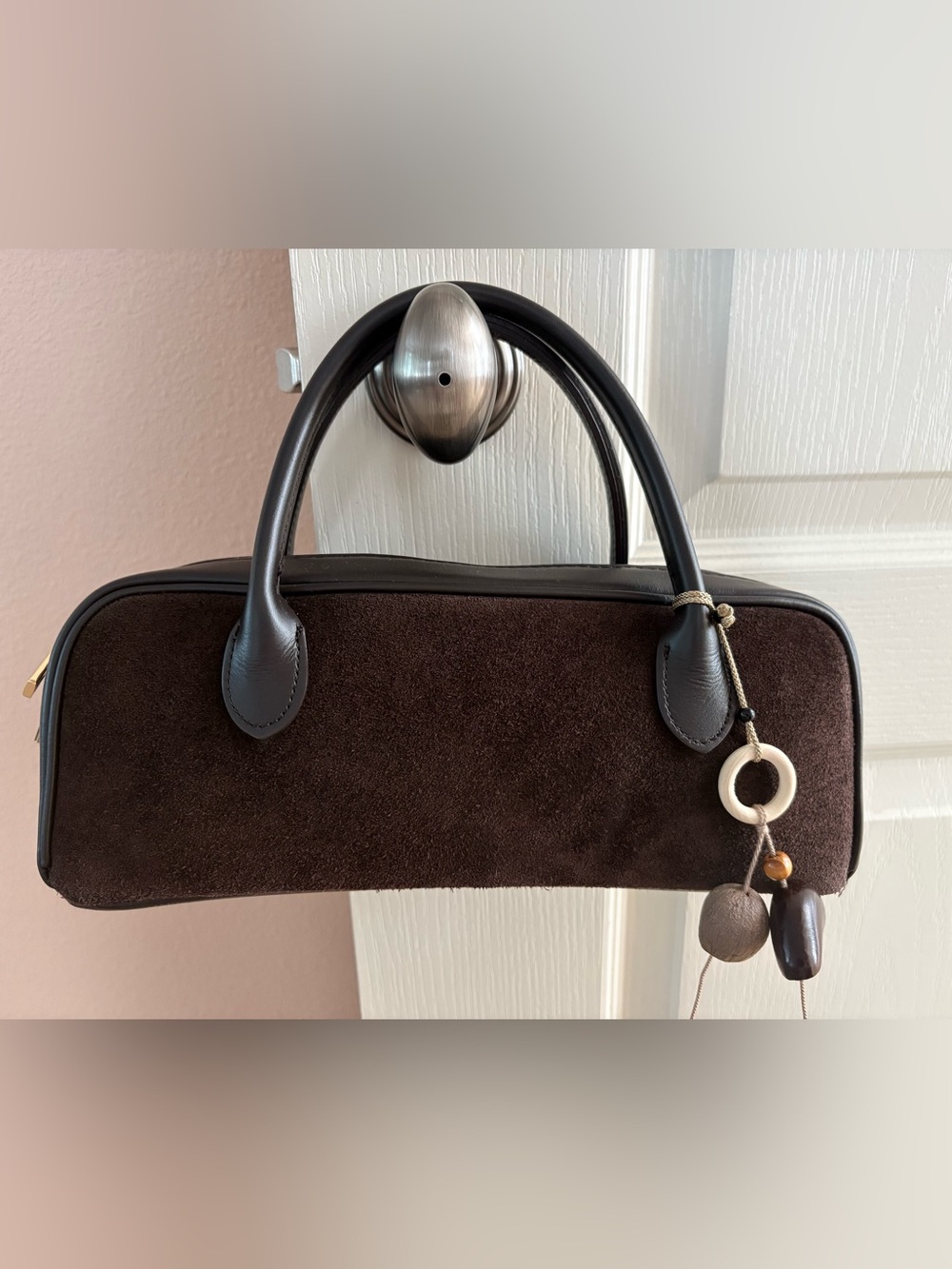 Dark Brown Suede Shoulder Bag with Leather Trim with charm- made in Italy